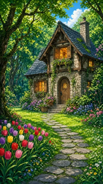 Forest image example: Lush Fairytale Forest Cottage Anime Landscape