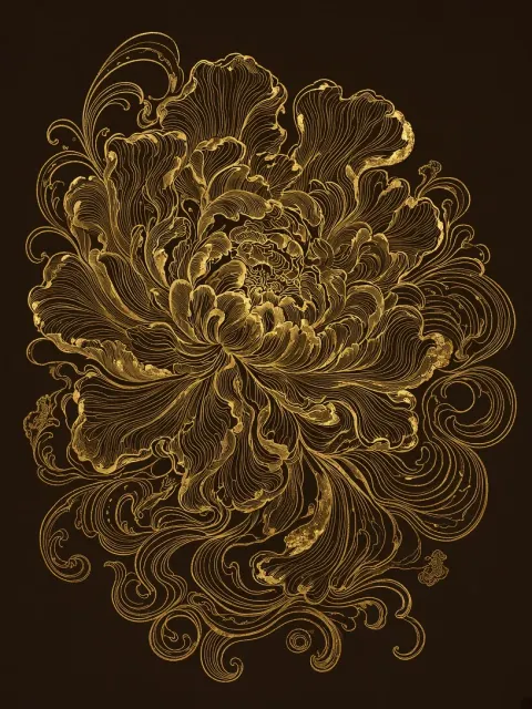 Gold Foil image example: Intricate Gold Contour Line Peony Illustration