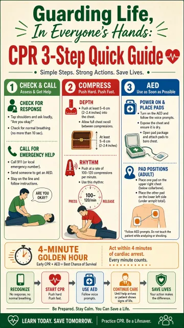 Healthcare image example: Cardiac Arrest CPR Three Step Medical Infographic Poster