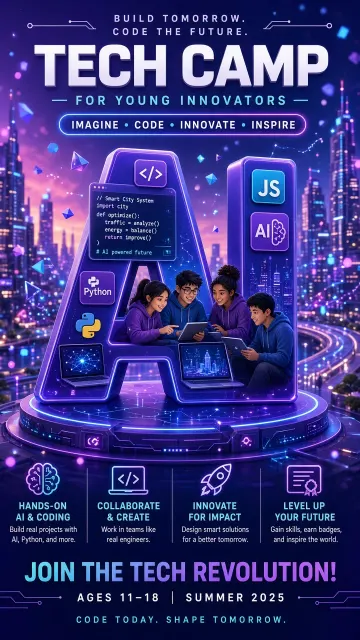 Tech Poster image example: Blue Purple Futuristic AI Tech Camp Poster