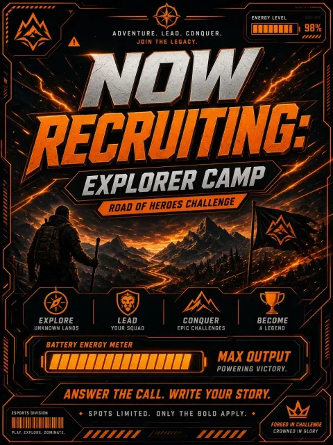 Esports Style image example: Black and Orange Esports Adventure Camp Poster