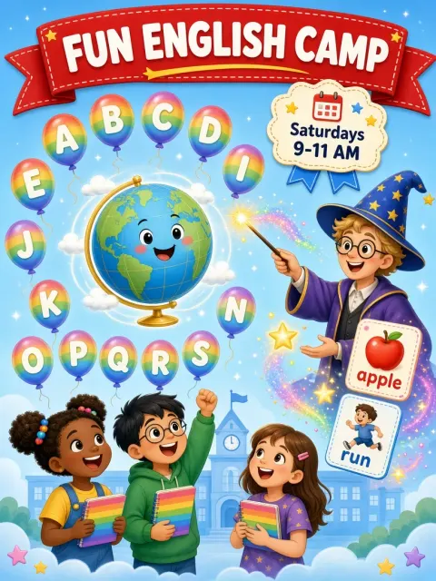 Gradient Sky image example: Fun English Camp Cartoon Promotional Poster