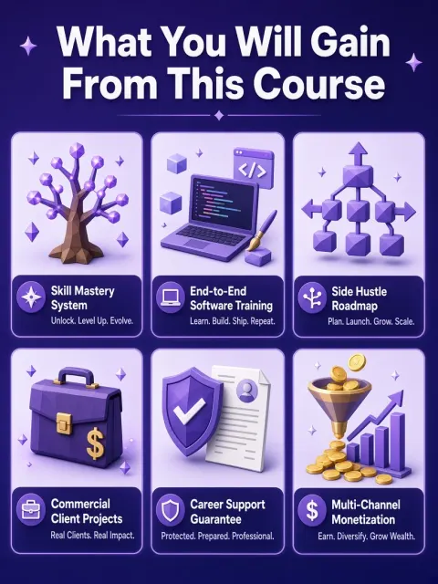 Presentation Layout image example: Purple Low Poly Course Benefits Grid Poster