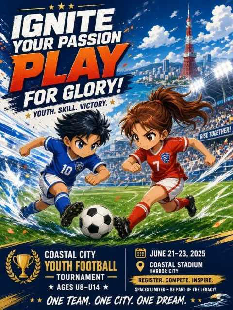 Sports Poster image example: Dynamic Coastal City Youth Football Tournament Poster