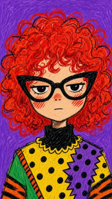 Retro Pop image example: Childlike Crayon Doodle Portrait of Redhead Girl