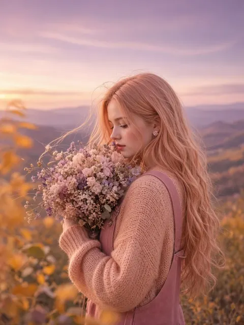Autumn Light image example: Hazy Autumn Sunset Portrait with Flower Bouquet