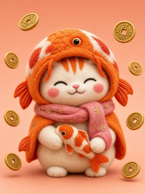 Kawaii image example: Wool Felt Lucky Cat in Koi Fish Hat