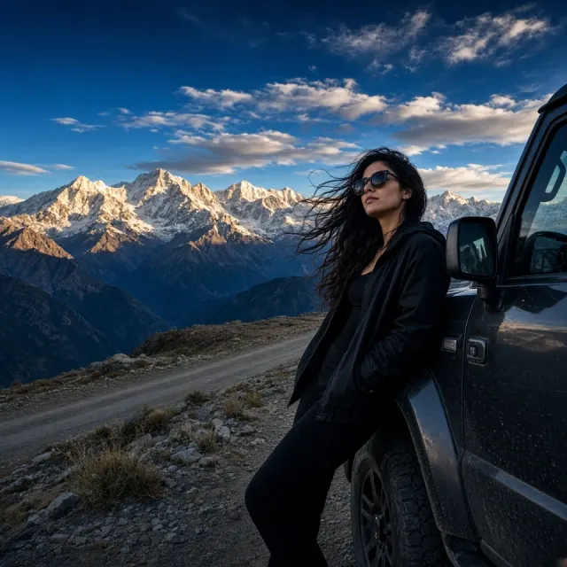 Mountain Landscape image example: Woman in Sunglasses by Off-Road Vehicle in Snow Mountains