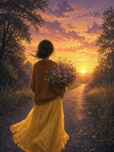 Woman Holding Flowers on Road at Sunset