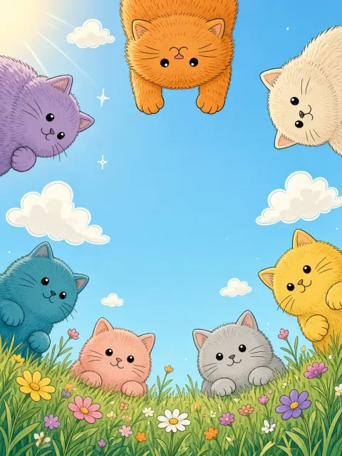 Low-Angle Circle of Fluffy Cats Storybook Illustration