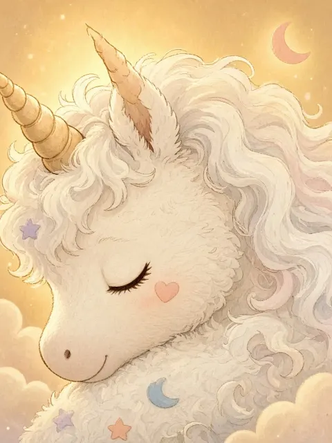 Heartwarming Fluffy Baby Unicorn Close-Up Illustration