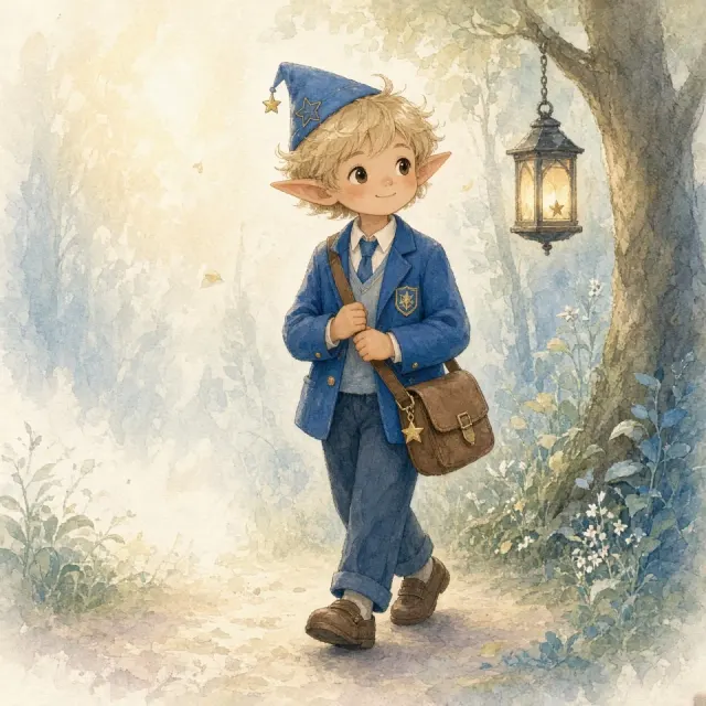 Whimsical Fairytale Watercolor Elf in Blue School Uniform