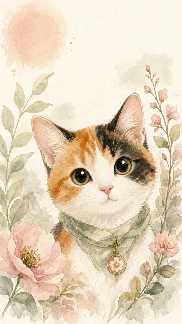 Hand-Painted Watercolor Calico Cat Healing Illustration