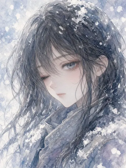 Subtle Watercolor Winter Anime Girl Close Up