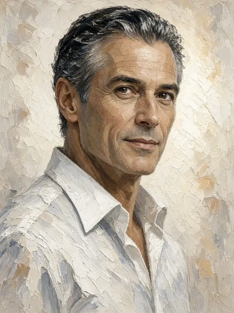 Masterpiece image example: Minimalist Impasto Portrait of Mature Man in White Shirt
