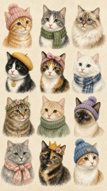 Grid Pattern image example: Watercolor Cat Portraits Grid Illustration