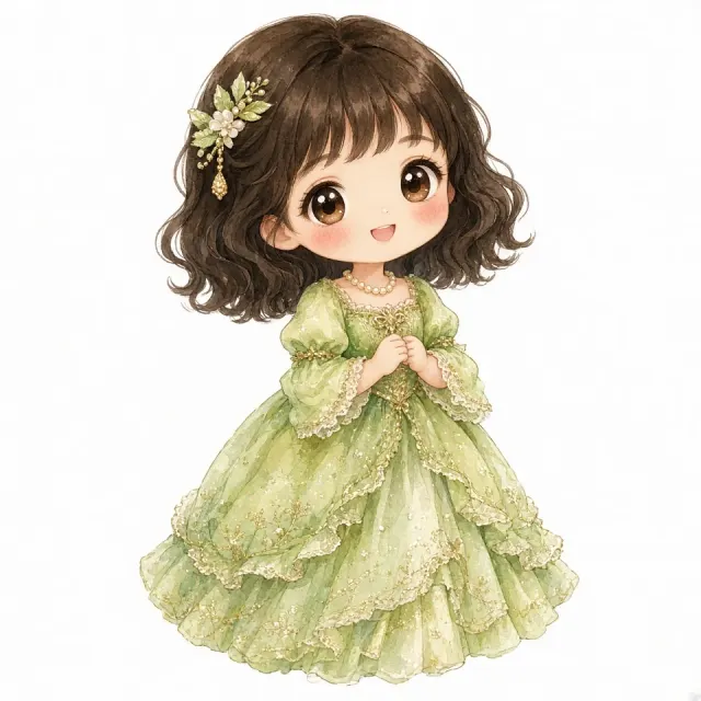Avatar Portrait image example: Chibi Watercolor Girl in Lime Green Princess Dress