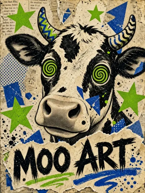 Memphis Style image example: Memphis Retro Collage Cow Head Illustration