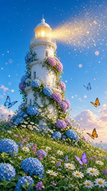 Flowers image example: Dreamy Flower Wreathed White Lighthouse Illustration