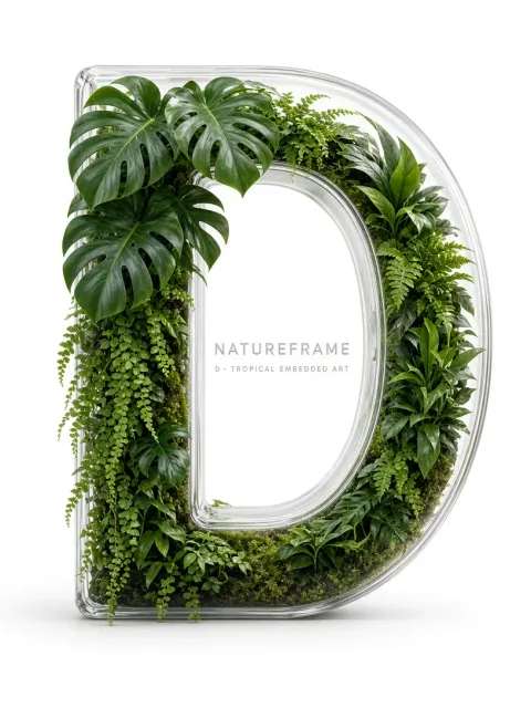 Abstract Typography image example: Realistic 3D Glass Letter D with Tropical Foliage