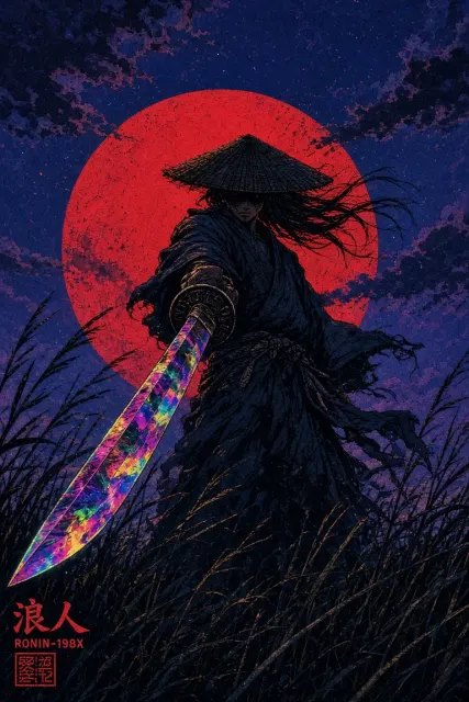 Retro Cyberpunk Samurai Silhouette at Sunset