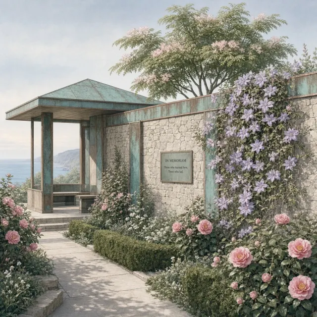 Textiles image example: English Garden Architecture and Camellias Art Illustration