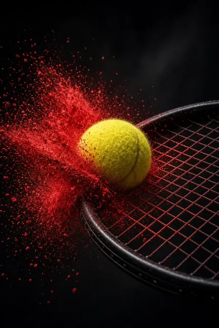 Moody Dark Tones image example: High-Speed Tennis Ball Impact with Red Powder Explosion