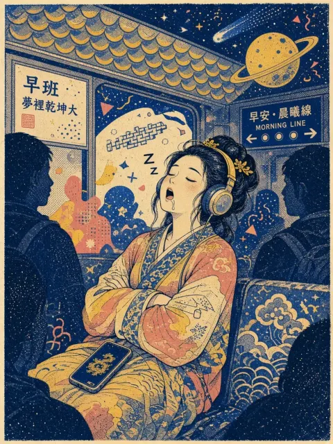 Cosmic image example: Risograph Print Song Dynasty Maid Subway Commute Illustration