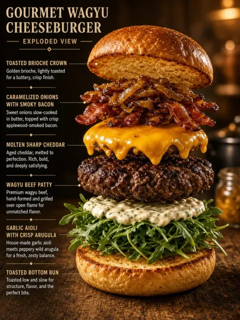 PPT Template image example: Deconstructed Wagyu Cheeseburger Exploded View Poster