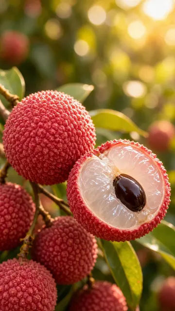 Halved Fresh Lychees in Orchard Orchard Setting