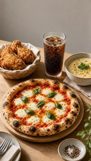 Glass and Crystal image example: Warm Italian Feast Pizza and Fried Chicken Table Spread