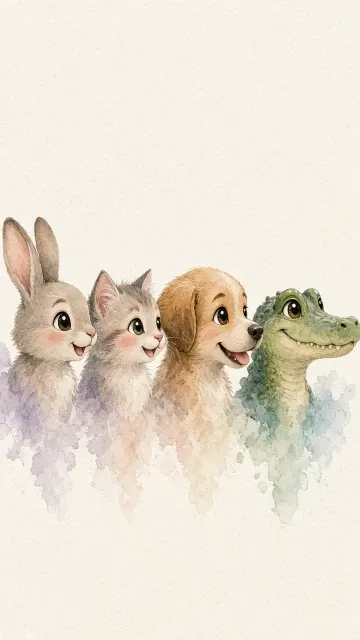 fresh and natural image example: Whimsical Watercolor Cute Animal Profiles in a Row