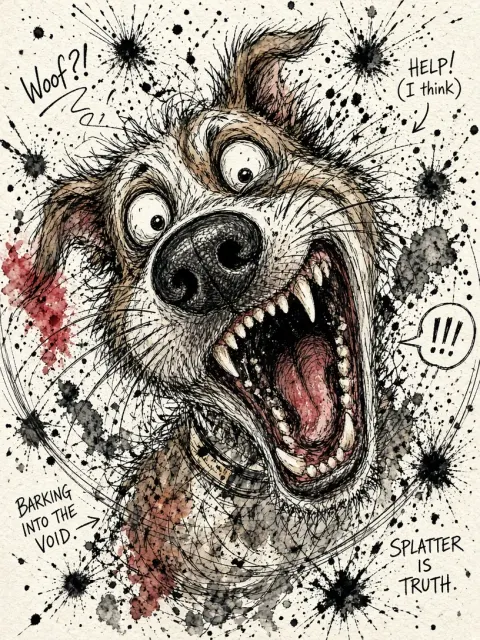 Cute Chibi image example: Ralph Steadman Inspired Inky Barking Dog Illustration