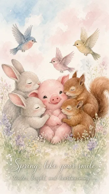 Watercolor Woodland Animals Around Pink Piglet