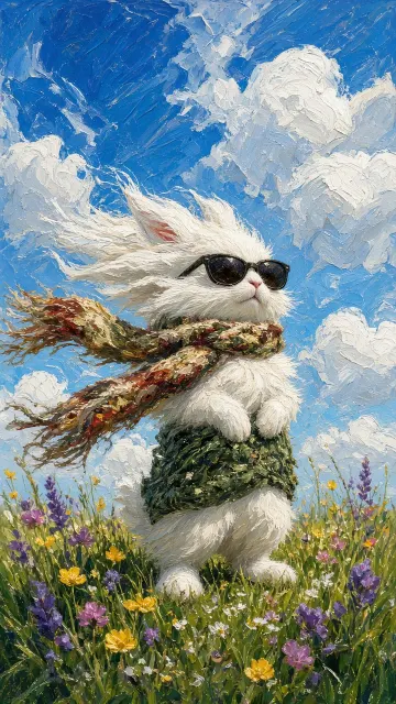 Fabric and Textiles image example: Fluffy White Bunny in the Wind Illustration
