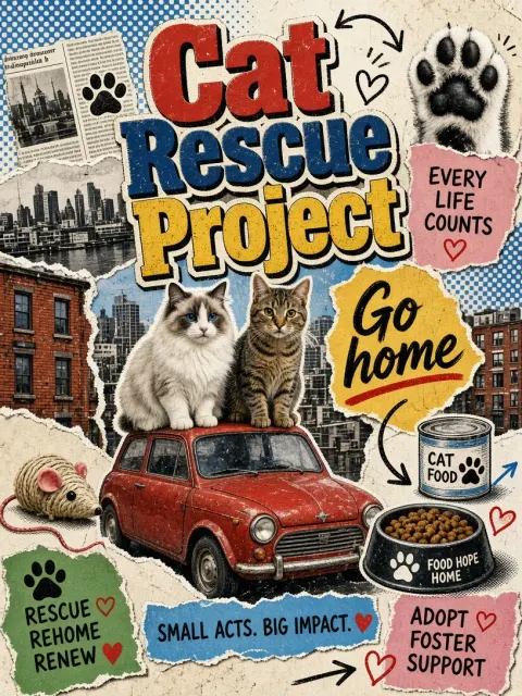 Street Scene image example: Pop Art Collage Cat Rescue Charity Poster