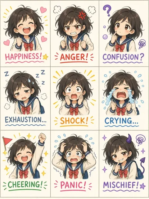 Cel Shaded image example: Hand-Drawn Cel-Shaded Nine-Grid Emote Sheet