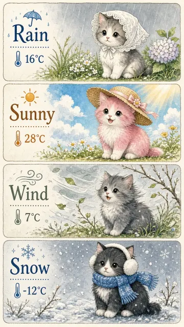 Japanese Four-Panel Weather Cats Illustration