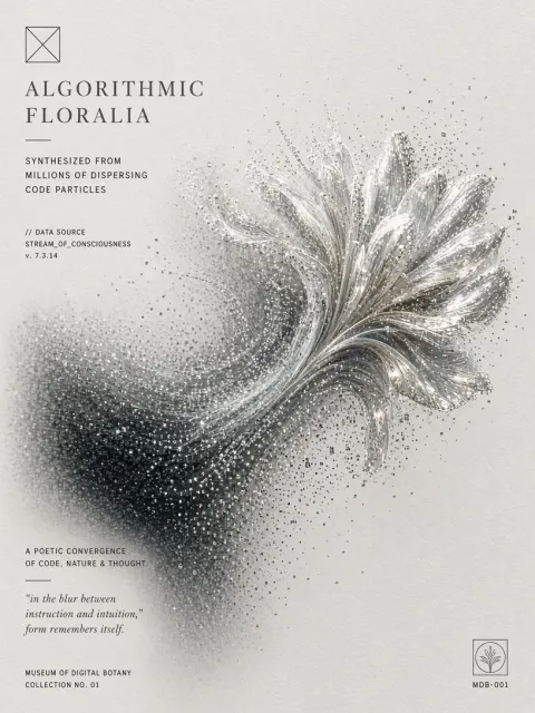 Generative Art image example: Minimalist Tech Particle Algorithmic Flower Poster