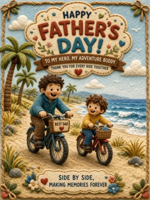 Yarn Needle-Felted Father and Son Beach Cycling Poster