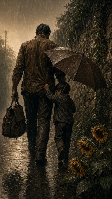 Father Protecting Son with Umbrella in Rain Wallpaper