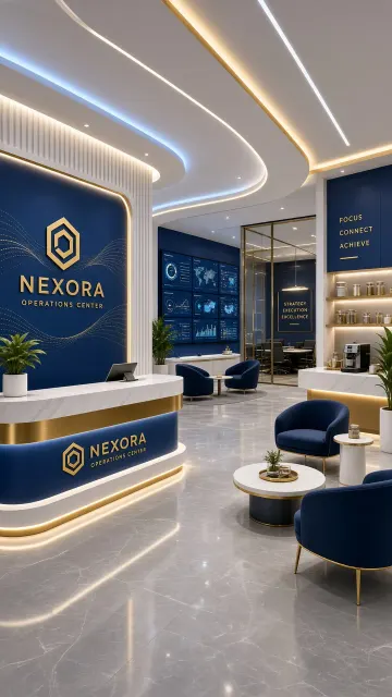 Warm Atmosphere image example: Futuristic Corporate Reception Hall Interior