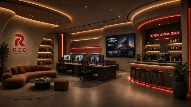 Panoramic Shot image example: Futuristic Coffee Toned Architecture Studio