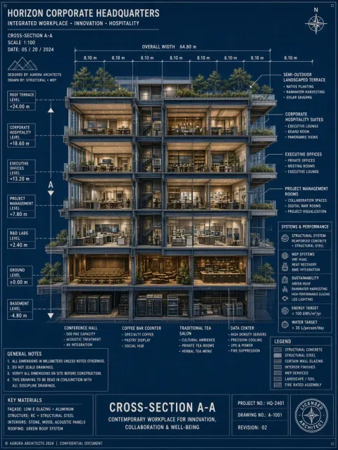 Panoramic Wide Angle image example: Architectural Blueprint Section View of Modern Office Building