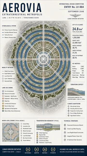 Urban Planning image example: Extraterrestrial City Master Plan in Architectural Competition Style