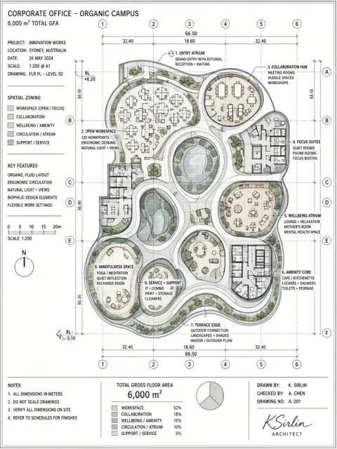 Overhead Aerial image example: Fluid Streamline CAD Top-Down Office Floor Plan