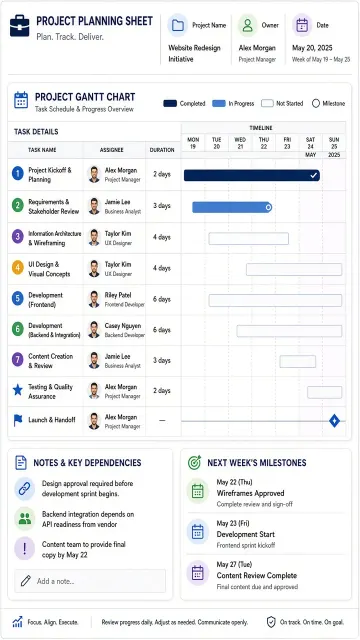 Project Management image example: Project Management Gantt Chart Planning Page