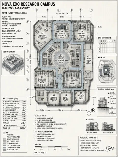Overhead Aerial image example: Sci-Fi CAD Blueprint of Top-Down R&D Office Layout
