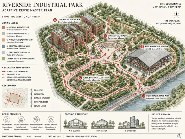 Morandi Colors image example: Isometric Illustrated Master Plan of Industrial Park Conversion