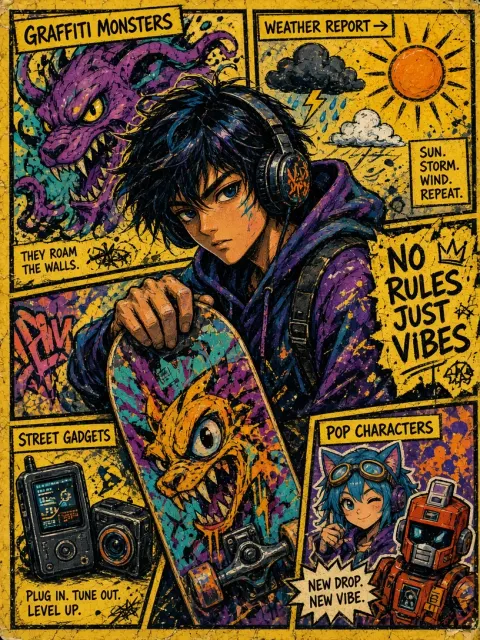 Comic Panels image example: Urban Comic Skater Boy Illustration